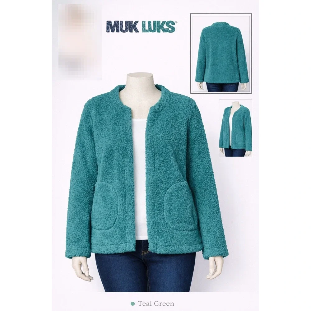 MUK LUKS Womens Teal Green Short‎ Open Front Sherpa Cardigan A625604 Medium
